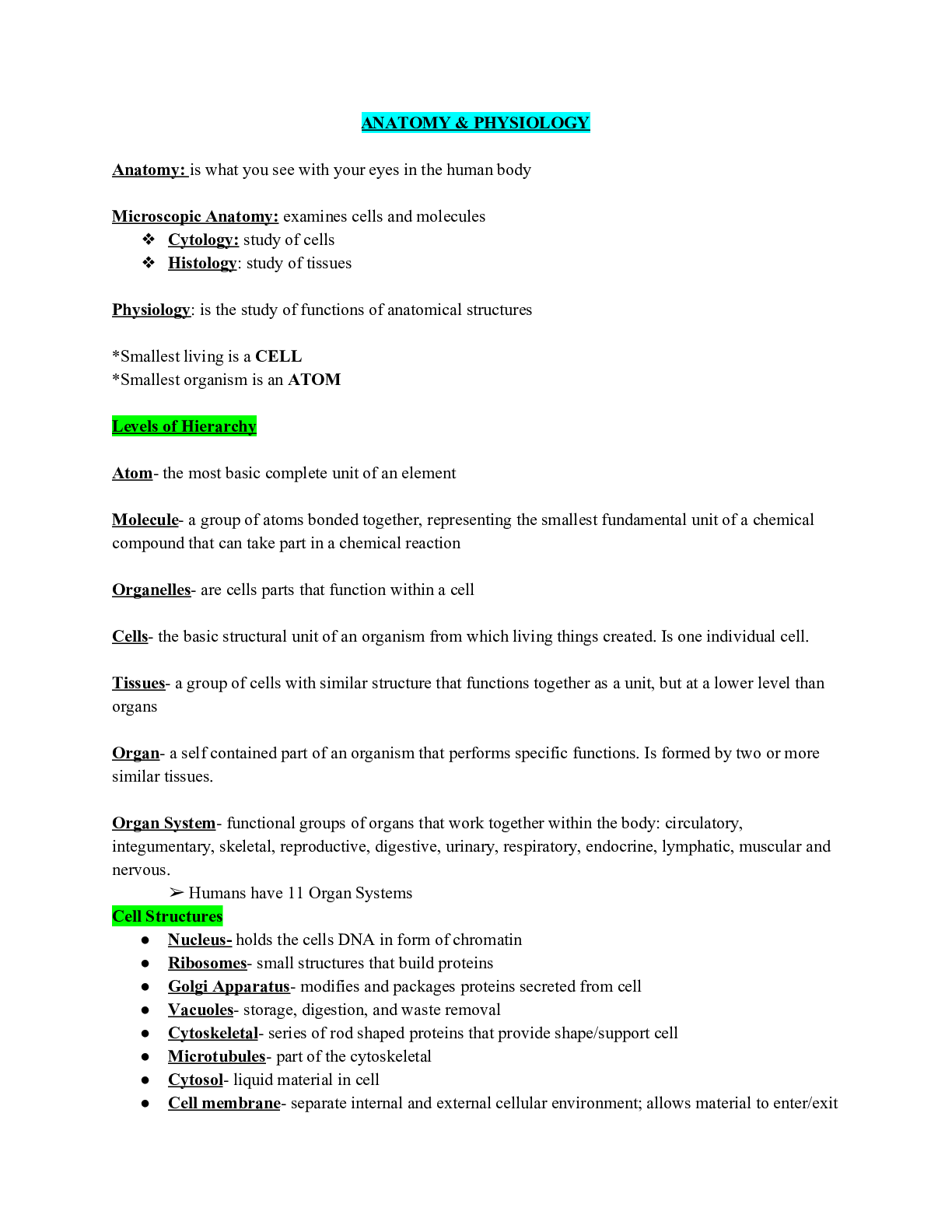 Preview of Anatomy & Physiology Comprehensive Study Guide